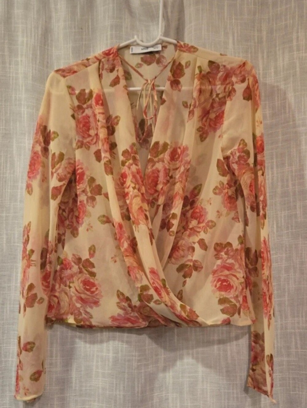 Mango Cream Sheer Floral Tie-Neck Blouse with Pink Roses